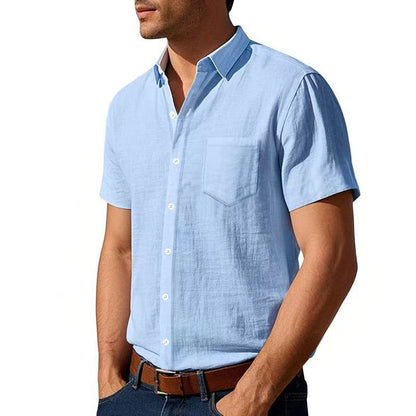 Camisa de lino de color liso de manga corta para hombre