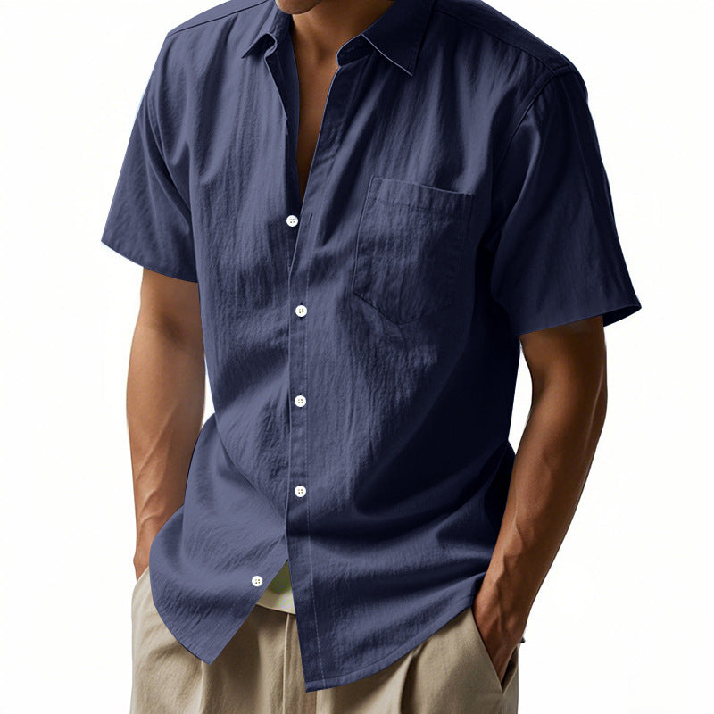 Camisa de lino de color liso de manga corta para hombre