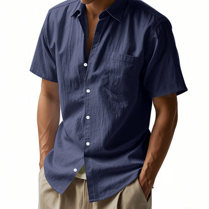 Camisa de lino de color liso de manga corta para hombre