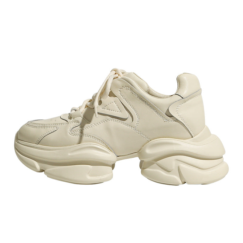 Zapatos de piel de vaca con plataforma, suela gruesa, aumento de altura, deportivos, casuales, blancos, estilo "Daddy", para mujer
