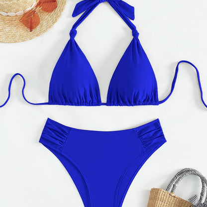 Traje de baño bikini halter de triángulo de color liso para mujer