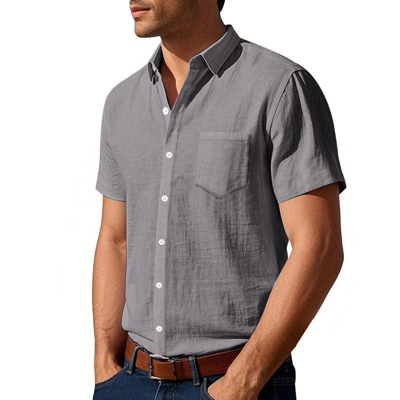 Camisa de lino de color liso de manga corta para hombre