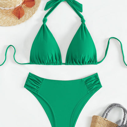 Traje de baño bikini halter de triángulo de color liso para mujer