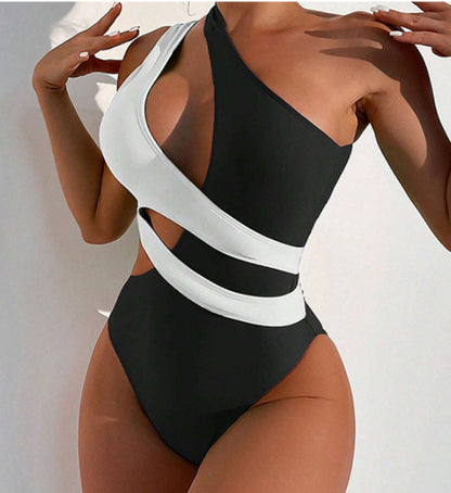 Traje de baño de encaje cruzado y combinación de colores para mujer