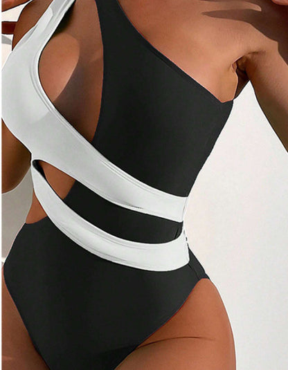 Traje de baño de encaje cruzado y combinación de colores para mujer