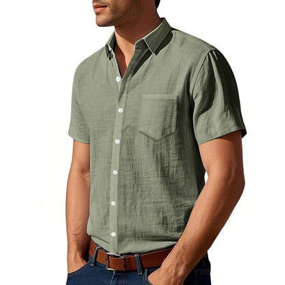 Camisa de lino de color liso de manga corta para hombre