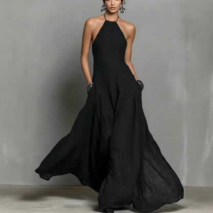 Vestido largo sin mangas de lino y algodón de color liso para mujer