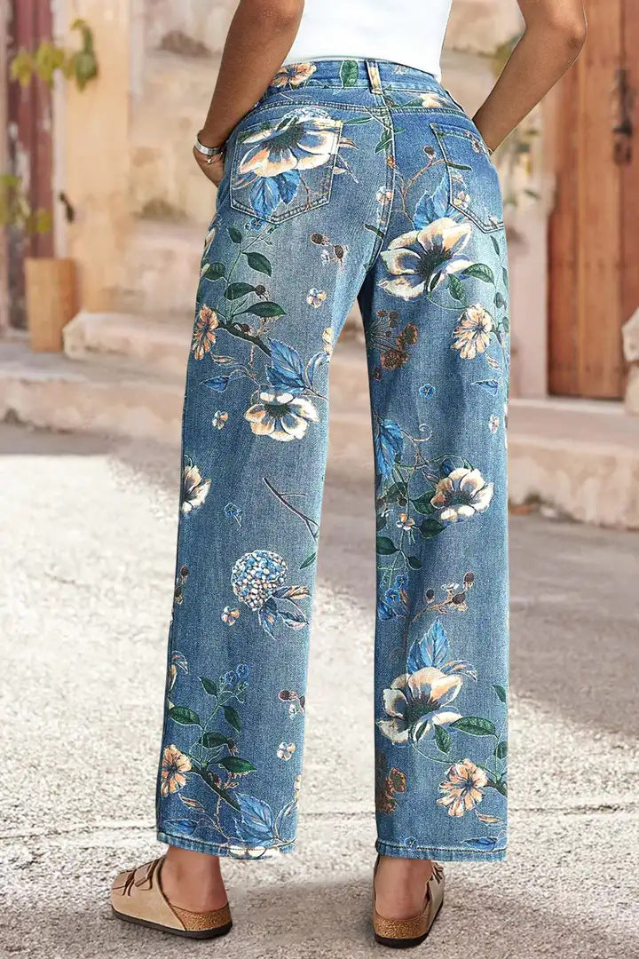 Pantalones vaqueros de pierna recta de talle alto con estampado floral vintage