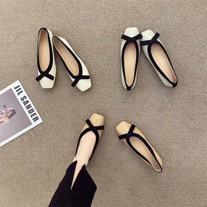 Zapatos planos con punta cuadrada estilo clásico francés para mujer