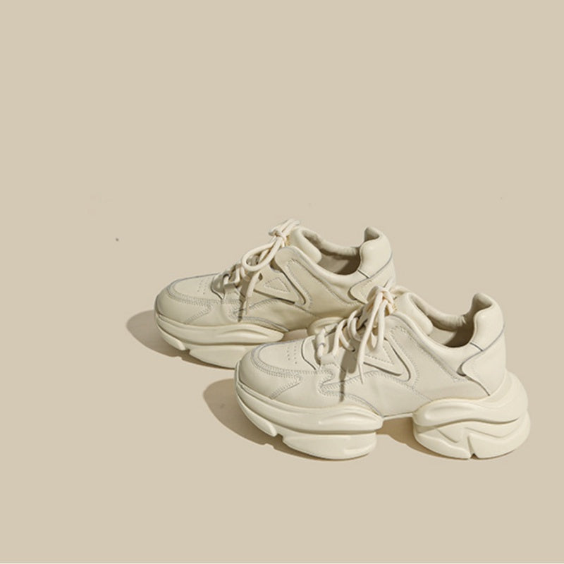 Zapatos de piel de vaca con plataforma, suela gruesa, aumento de altura, deportivos, casuales, blancos, estilo "Daddy", para mujer
