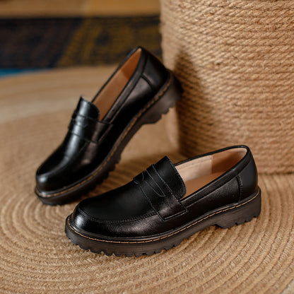 Zapatos de piel de tacón bajo y grueso de punta redonda para mujer