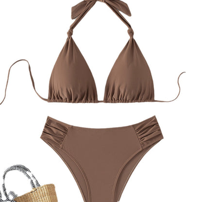 Traje de baño bikini halter de triángulo de color liso para mujer