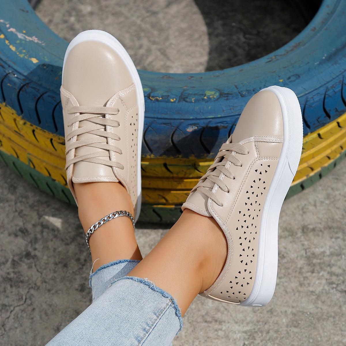 Zapatos planos calados con cordones, zapatos sin cordones calados para caminar para mujer