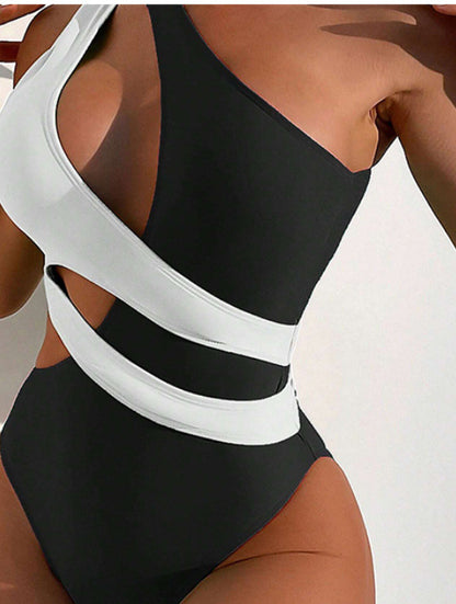 Traje de baño de encaje cruzado y combinación de colores para mujer