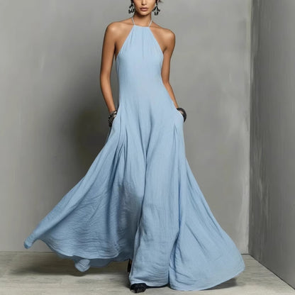 Vestido largo sin mangas de lino y algodón de color liso para mujer