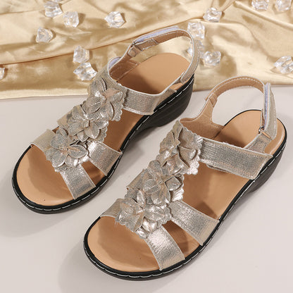 Sandalias de cuña de verano con velcro y flores para mujer
