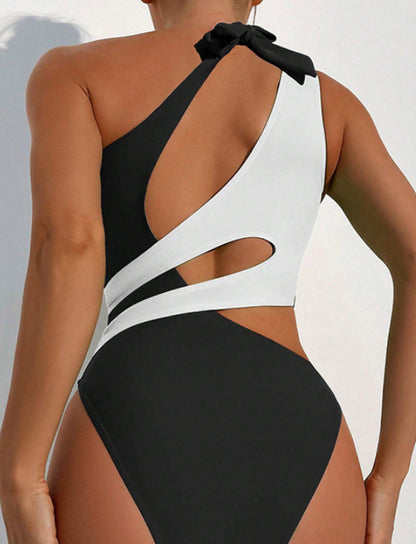 Traje de baño de encaje cruzado y combinación de colores para mujer