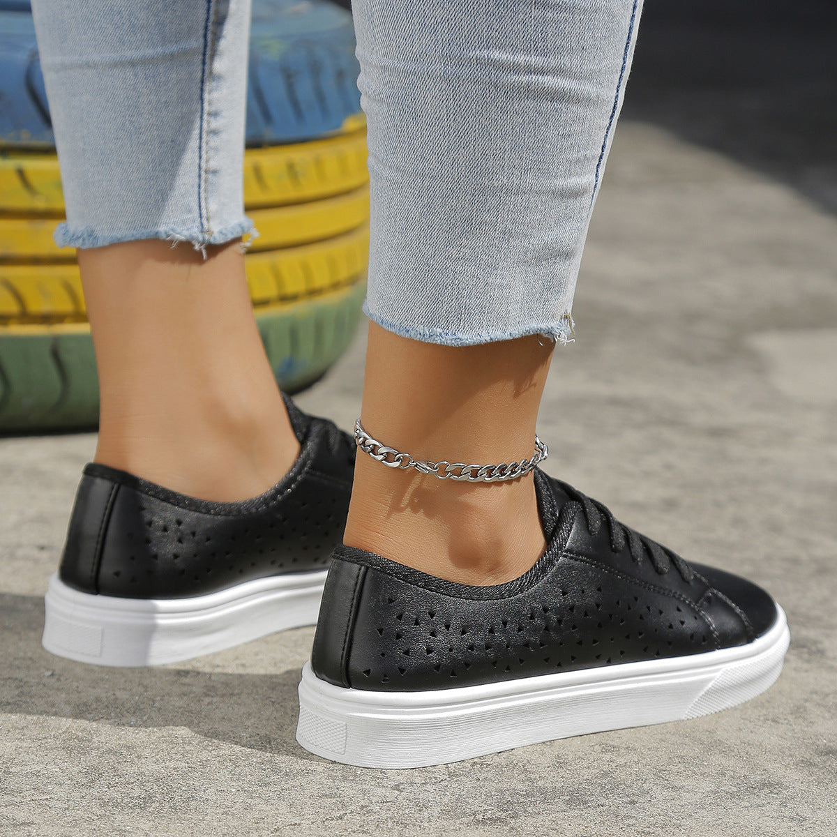Zapatos planos calados con cordones, zapatos sin cordones calados para caminar para mujer