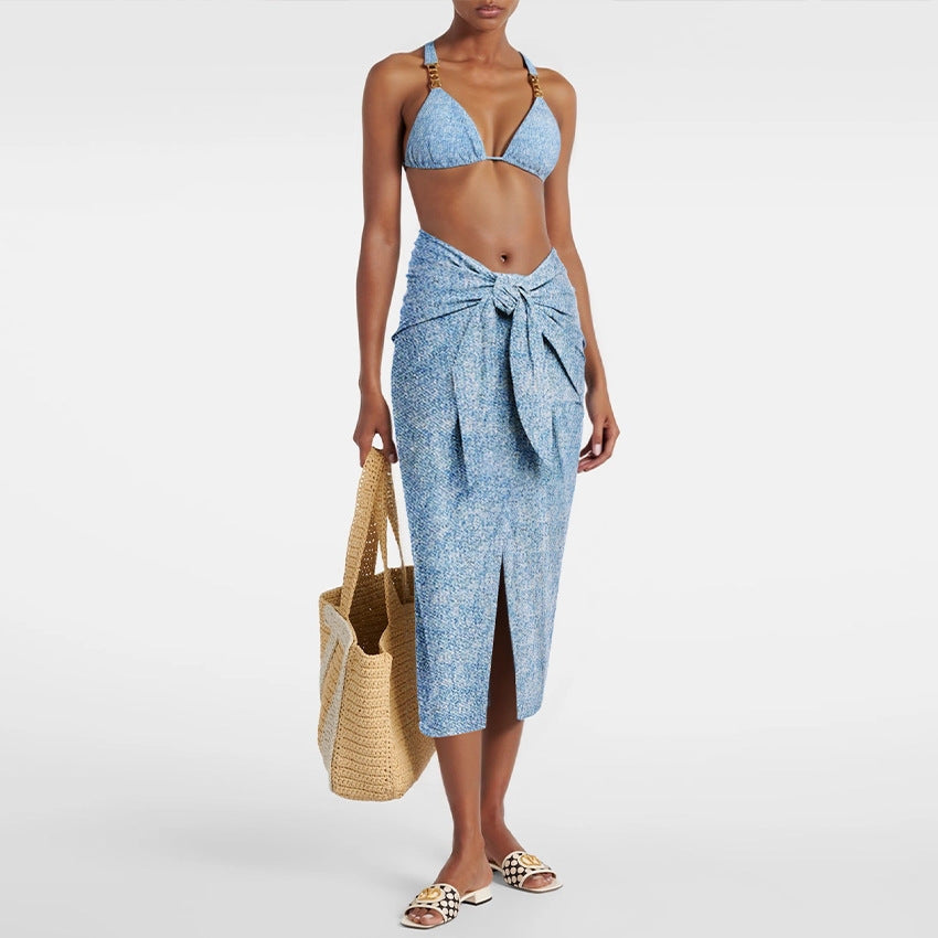 Conjunto de bikini triangular sexy de dos piezas de tela vaquera estampada para mujer