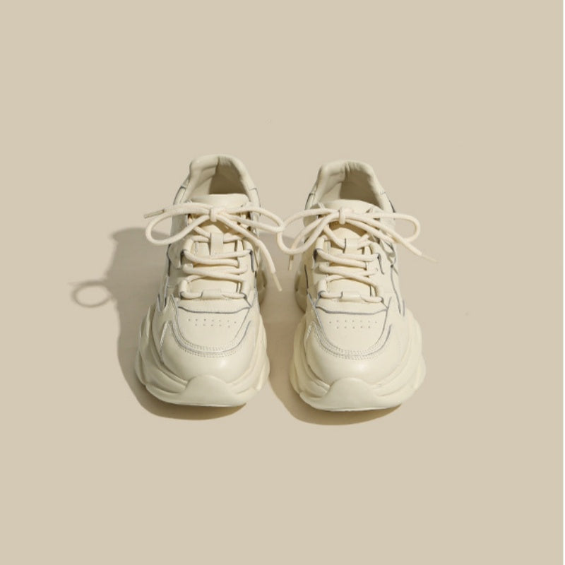 Zapatos de piel de vaca con plataforma, suela gruesa, aumento de altura, deportivos, casuales, blancos, estilo "Daddy", para mujer