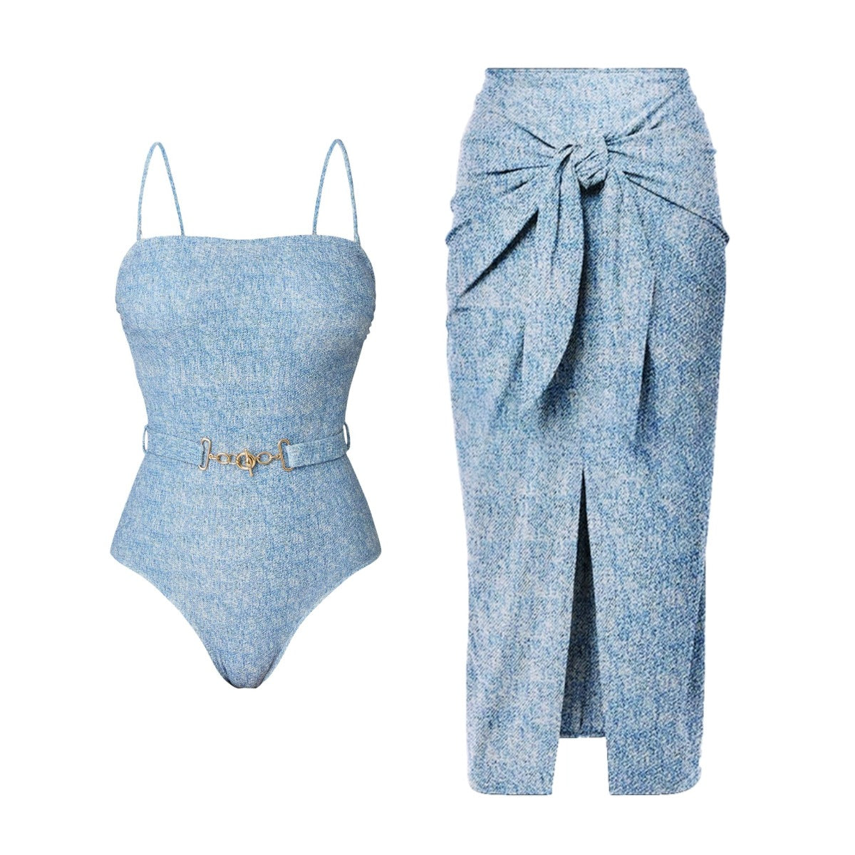 Conjunto de bikini triangular sexy de dos piezas de tela vaquera estampada para mujer