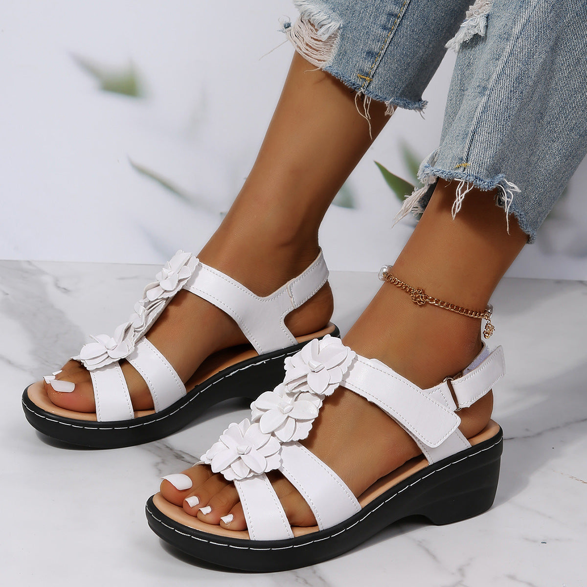 Sandalias de cuña de verano con velcro y flores para mujer