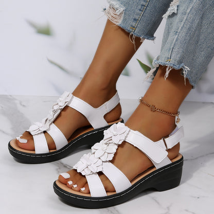 Sandalias de cuña de verano con velcro y flores para mujer