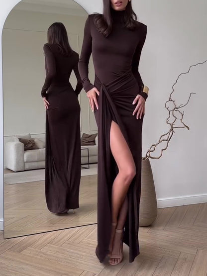 Vestido largo maxi liso de manga larga con abertura