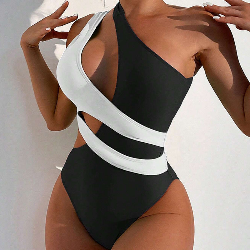 Traje de baño de encaje cruzado y combinación de colores para mujer