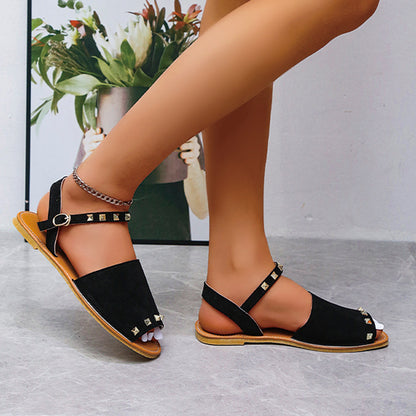 Sandalias con remaches, zapatos de verano de boca de pescado para mujer, sandalias planas de playa
