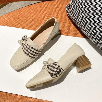 Zapatos de tacón alto de piel para mujer, estilo británico, mocasines, tacón grueso, zapatos individuales para mujer