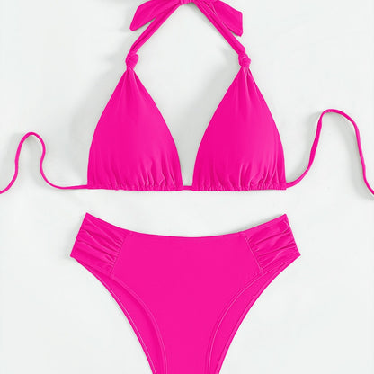 Traje de baño bikini halter de triángulo de color liso para mujer