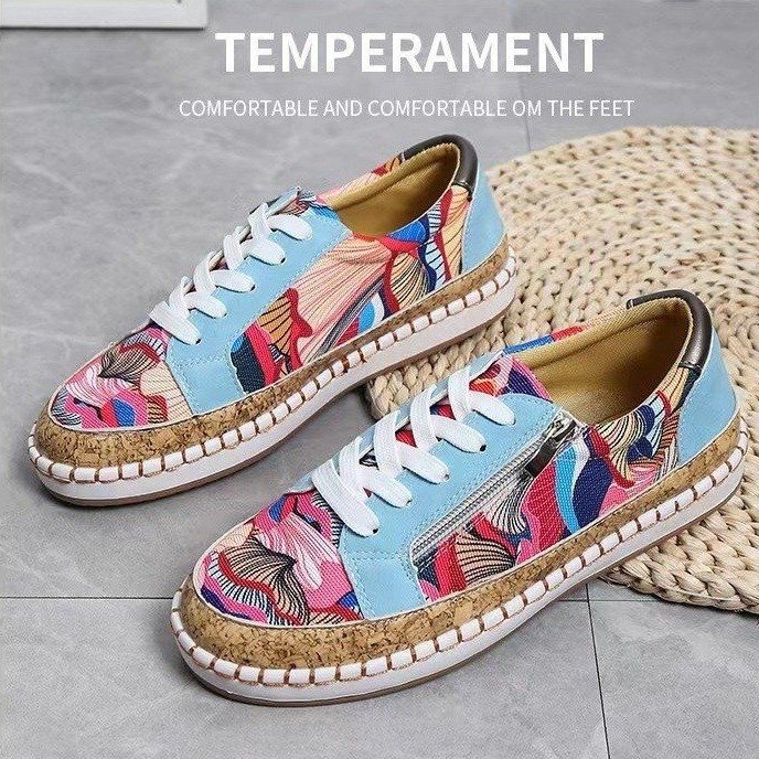 Zapatos planos con estampado étnico, estilo casual, con cremallera lateral y sin cordones, mocasines para mujer