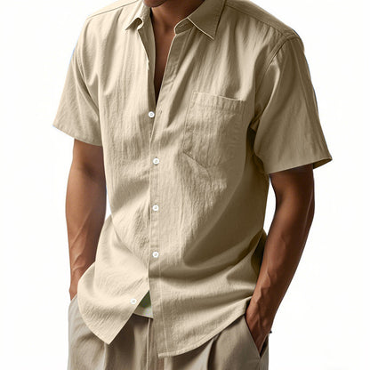 Camisa de lino de color liso de manga corta para hombre