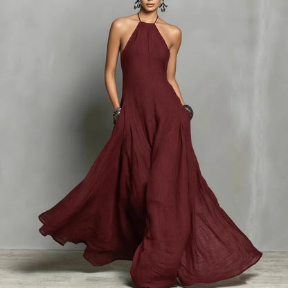 Vestido largo sin mangas de lino y algodón de color liso para mujer