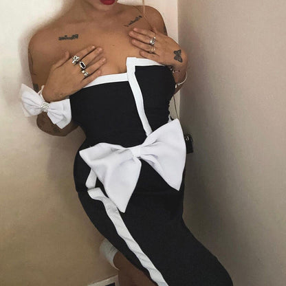 Traje de baño de una pieza con lazo color block en blanco y negro y top tubo irregular para mujer
