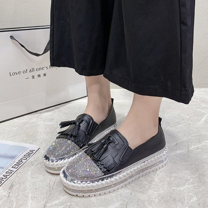 Shallow Leather Rhinestone Platform Shoes For Women