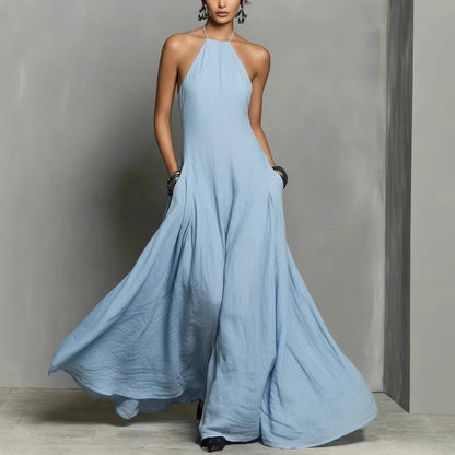 Vestido largo sin mangas de lino y algodón de color liso para mujer