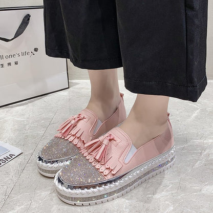 Shallow Leather Rhinestone Platform Shoes For Women