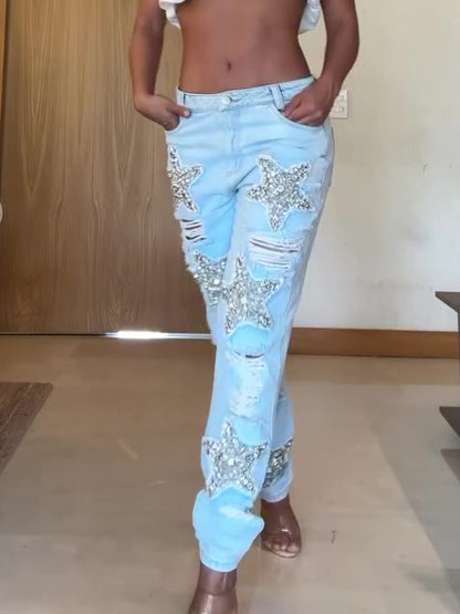 Vaqueros Rasgados con Diamantes de Imitación y Estrellas de Cinco Puntas