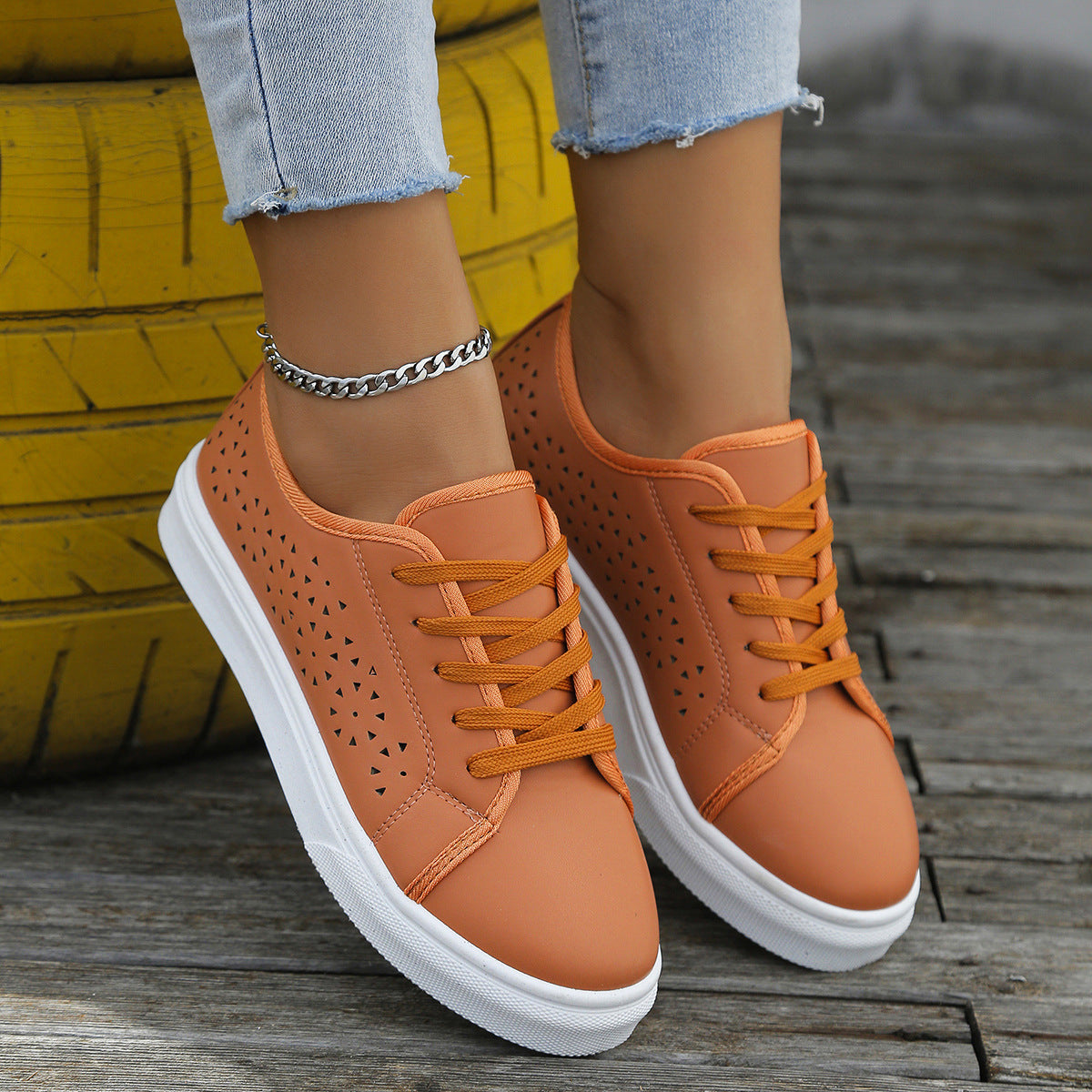 Zapatos planos calados con cordones, zapatos sin cordones calados para caminar para mujer