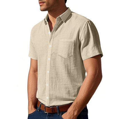 Camisa de lino de color liso de manga corta para hombre