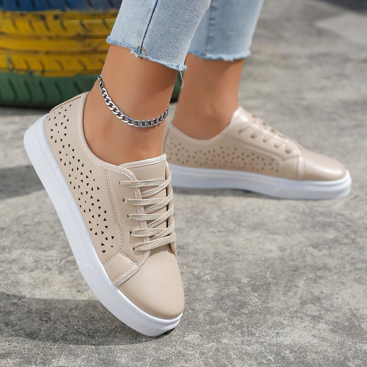 Zapatos planos calados con cordones, zapatos sin cordones calados para caminar para mujer