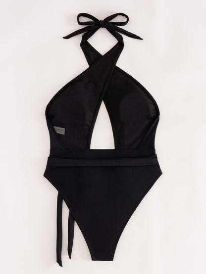 Traje de baño de una pieza para mujer con tirantes cruzados y color liso
