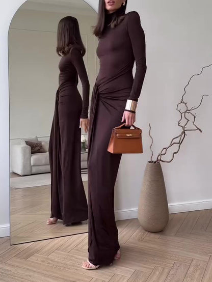 Vestido largo maxi liso de manga larga con abertura