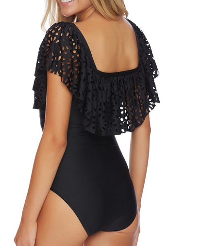 Traje de baño de una pieza con volantes de malla para mujer