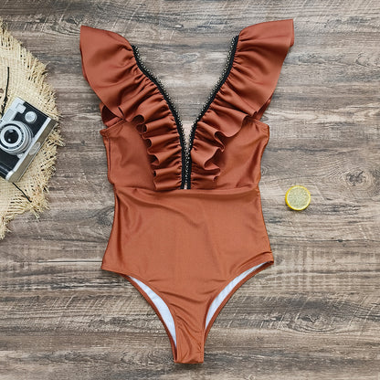Traje de baño de una pieza de color liso para mujer
