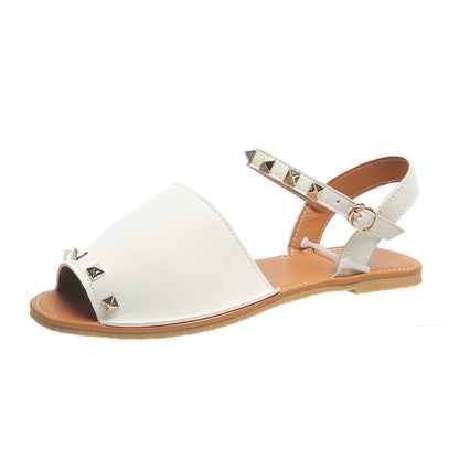 Sandalias con remaches, zapatos de verano de boca de pescado para mujer, sandalias planas de playa
