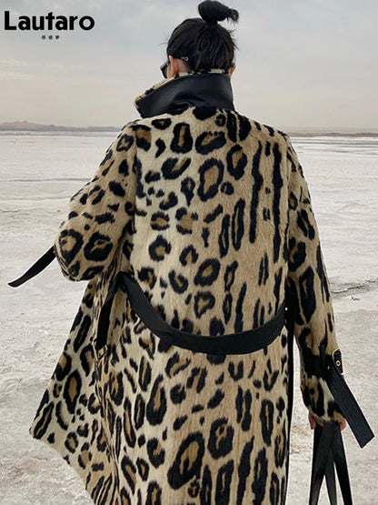 Women's Long Leopard-Print Faux-Fur Double-Breasted Coat — original product gallery image 2