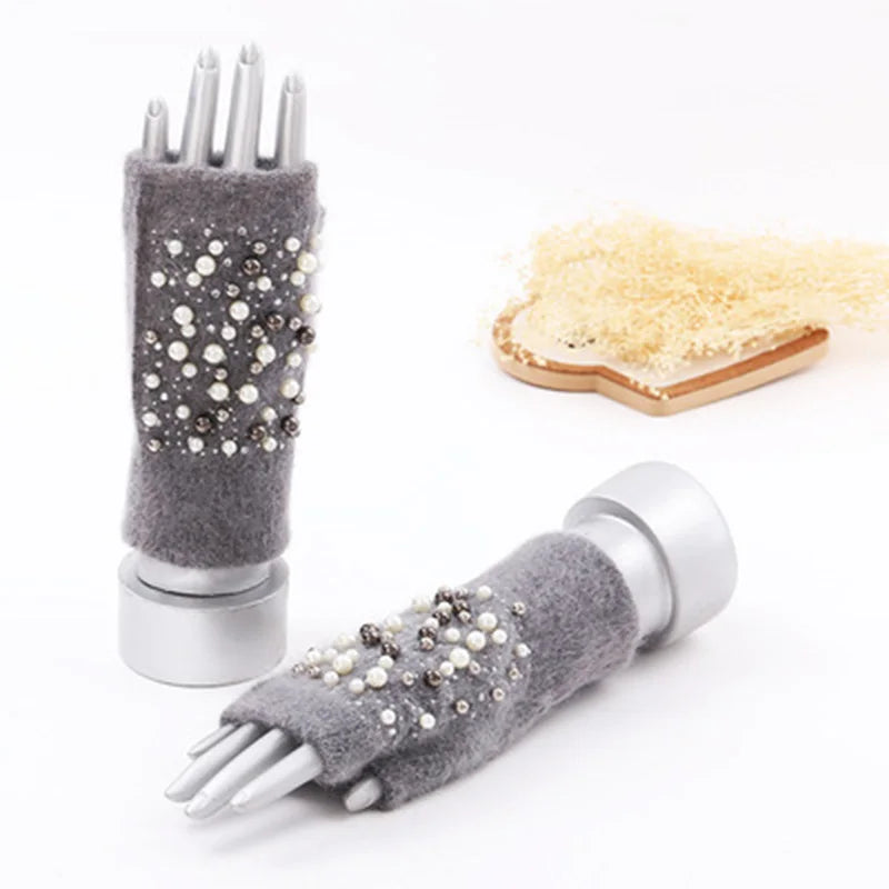 Women's Pearl-Look Half-Finger Knit Gloves — original product gallery image 1